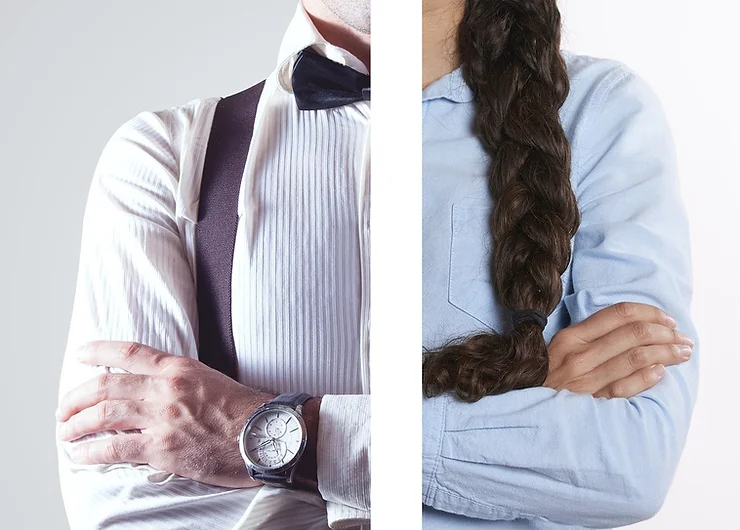 An image showing one half each of a professionally dressed person, one half representing men, the other half representing women